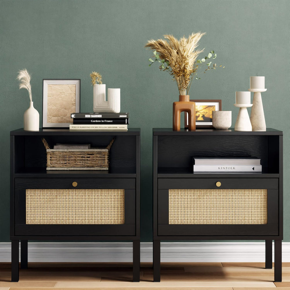 Boho Rattan Nightstand Set of 2 with Storage Cabinet & Metal Legs