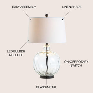 Clear Glass and Black Metal LED Table Lamp with White Linen Shade