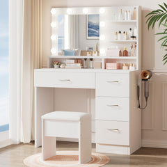Makeup Vanity Table with HD Mirror, LED Bulbs, Drawers & Stool
