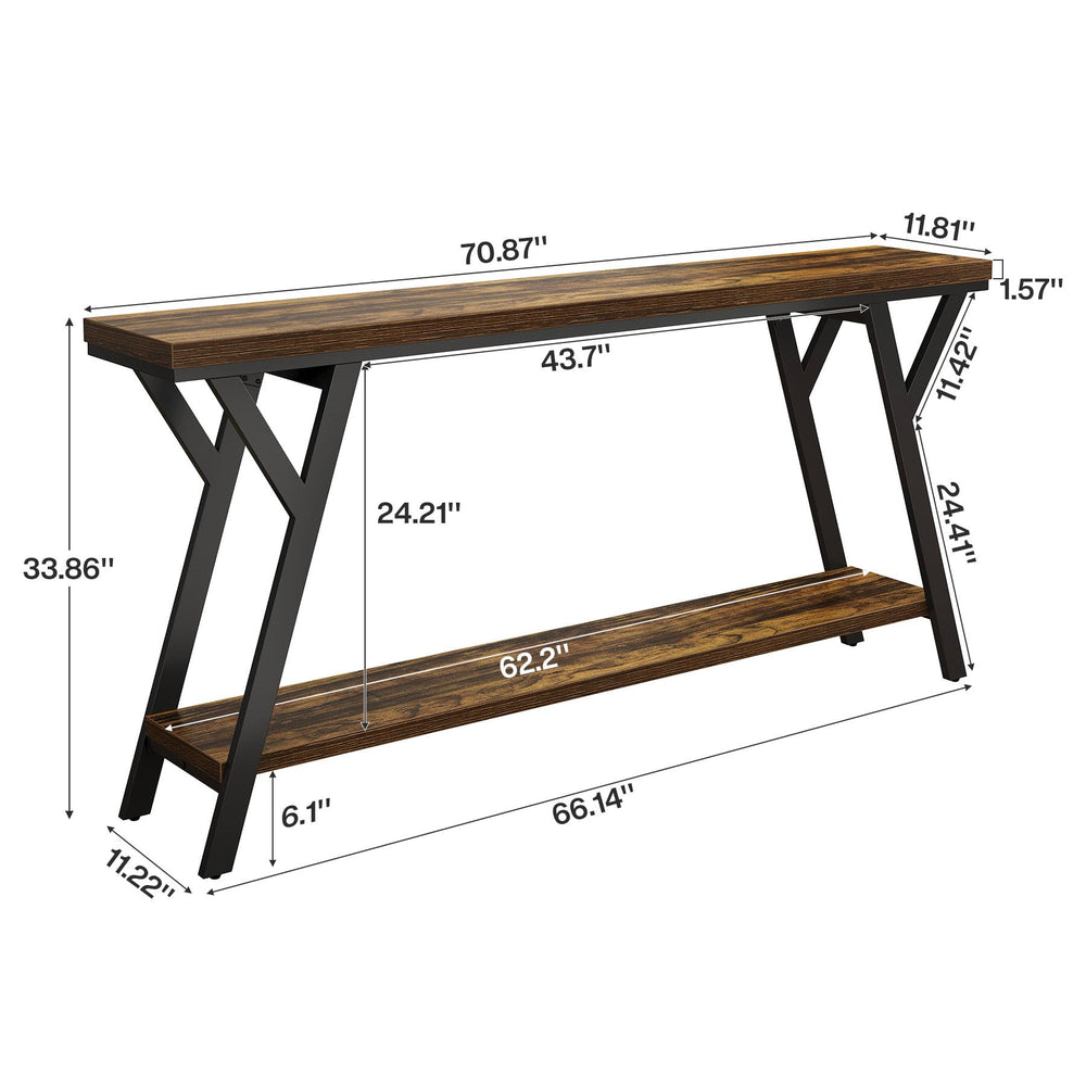 70.9" Narrow Industrial Console Table with 2-Tier Shelf