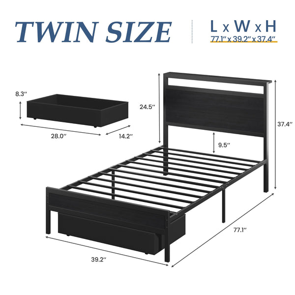 Metal Bed Frame with Storage Headboard, LED Lights & Charging Station