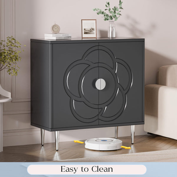 Wood Sideboard Buffet Cabinet with Decorative Flower Pattern Doors