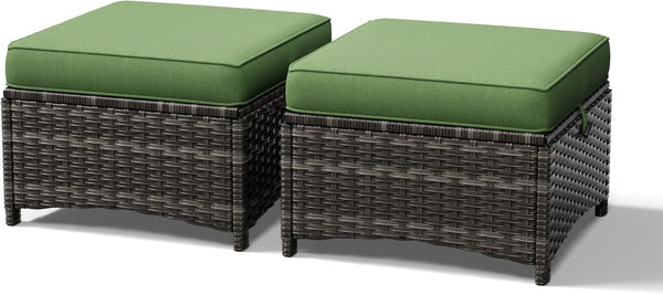 Outdoor Wicker Ottoman Set of 2 with Cushions
