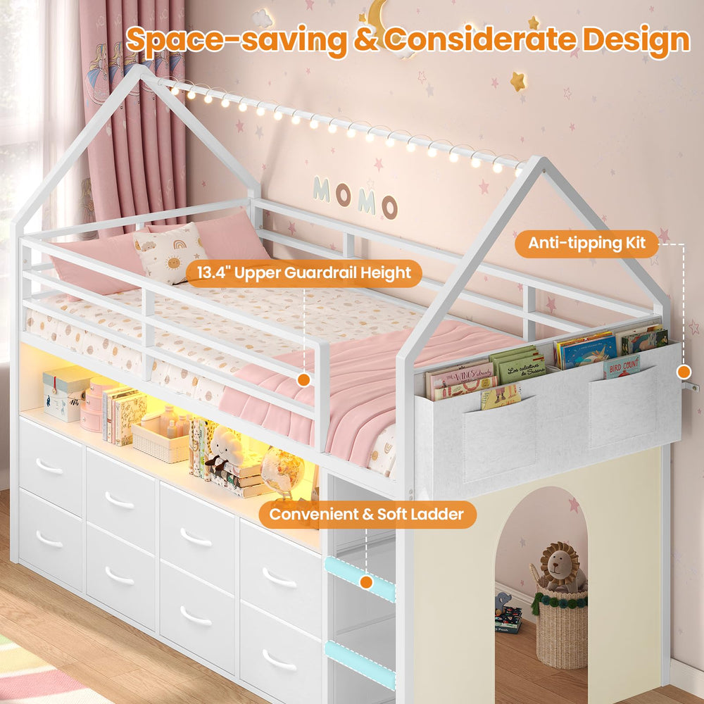 Twin Size Kids Loft Bed with Storage Drawers & LED Lights
