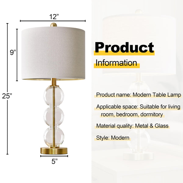 Glass Table Lamps Set of 2 with USB Charging Ports and Linen Shade