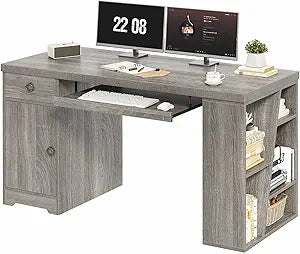 55 Inch Farmhouse Executive Desk with Drawers, Keyboard Tray & Storage Shelves