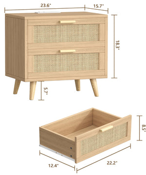 Rattan Nightstand with Charging Station & 2 Drawers