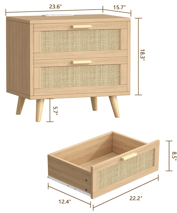 Rattan Nightstand with Charging Station & 2 Drawers