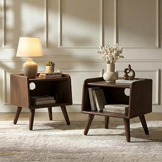 Solid Wood Nightstand with Open Storage Shelf