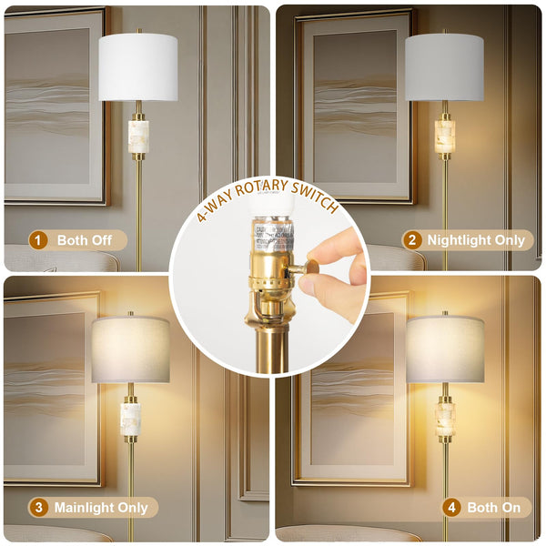 Gold Marble Base Floor Lamp with Night Light & Linen Shade