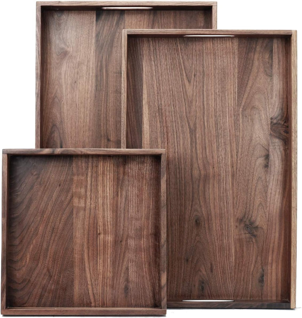 Walnut Wood Ottoman Serving Tray Set of 3 with Handles