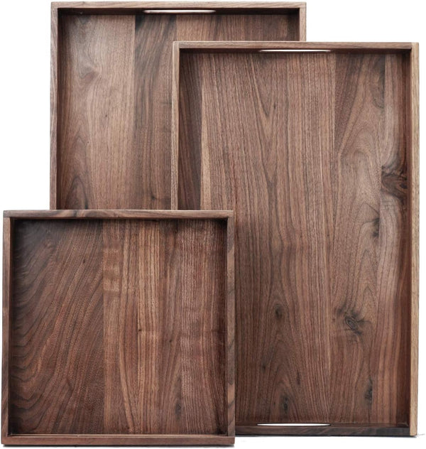 Walnut Wood Ottoman Serving Tray Set of 3 with Handles