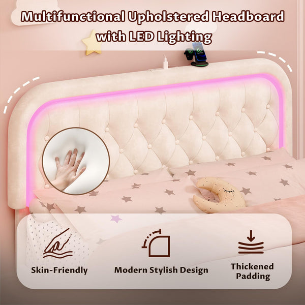 Queen Upholstered Bed Frame with LED Lights & Storage Drawers