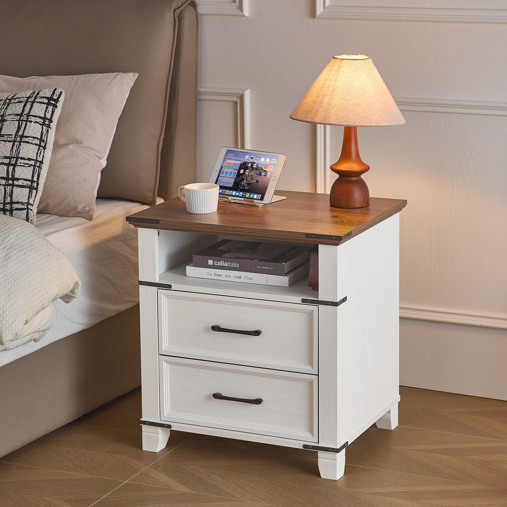 Farmhouse Nightstand with 2 Drawers & Open Shelf – White