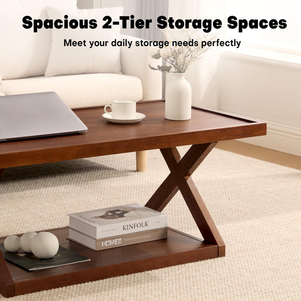 Solid Oak 2-Tier Coffee Table with X-Shaped Base