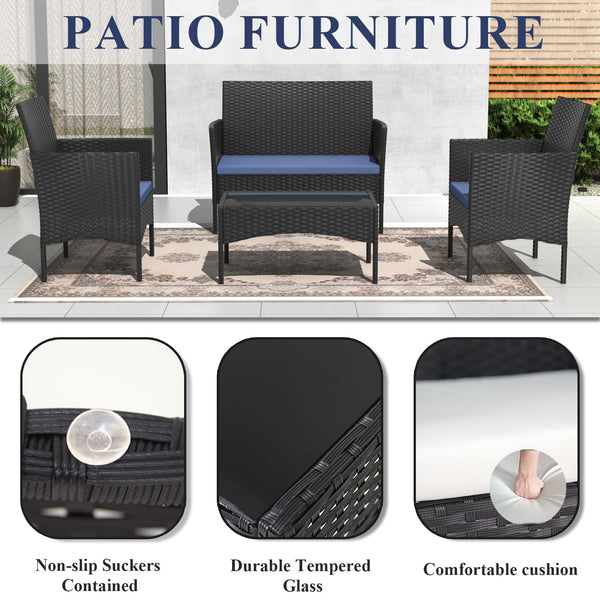 4-Piece Outdoor Rattan Patio Conversation Set with Cushions & Glass Table