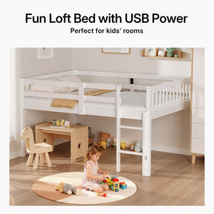 Kids Low Loft Bed Full Size - Solid Wood with LED Lights & USB Ports