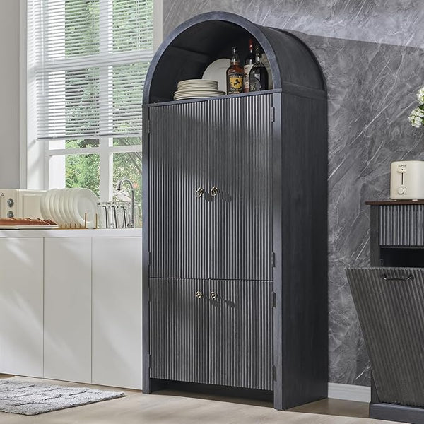 71" Tall Arched Kitchen Pantry Cabinet with Fluted Doors & Adjustable Shelves