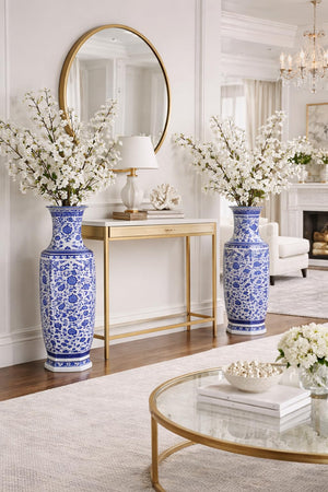 Large Hexagonal Blue and White Porcelain Lotus Vase