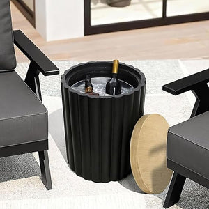 Outdoor Side Table with Storage Cement Patio End Table Wood Lid Accent Table