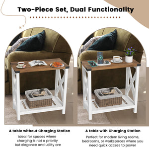 Farmhouse End Tables Set of 2 with Charging Station & Storage Shelf