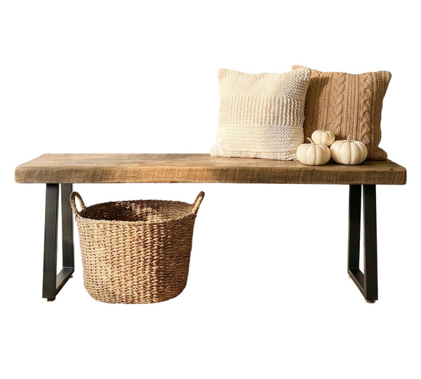 Rustic Wood Entryway Bench with Metal Base