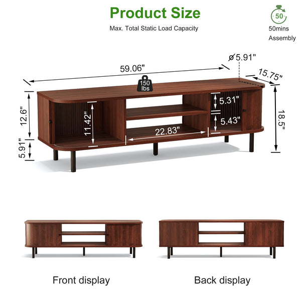 Mid-Century TV Stand with Sliding Doors & Hidden Storage