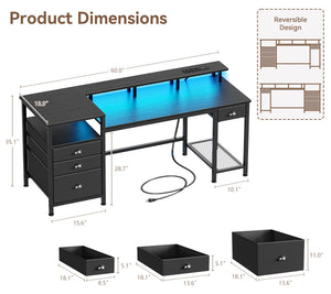60-Inch Computer Desk with LED Lights, USB Charging, File Cabinet & Monitor Stand