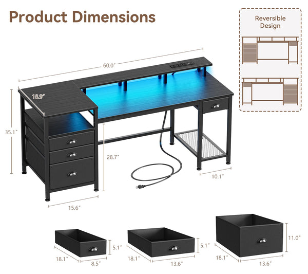 60-Inch Computer Desk with LED Lights, USB Charging, File Cabinet & Monitor Stand