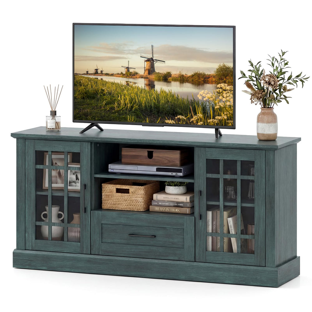 Farmhouse TV Stand 62 Inch with Storage Cabinets and Glass Doors