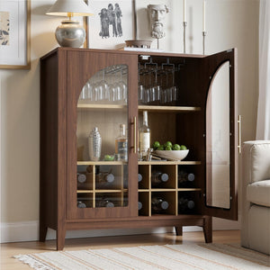 Wine Bar Cabinet with Glass Doors, Wine & Glass Rack, Mid-Century Modern Sideboard