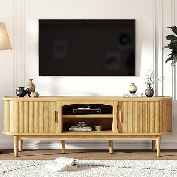 Mid-Century TV Stand with Power Outlets & Fluted Sliding Doors