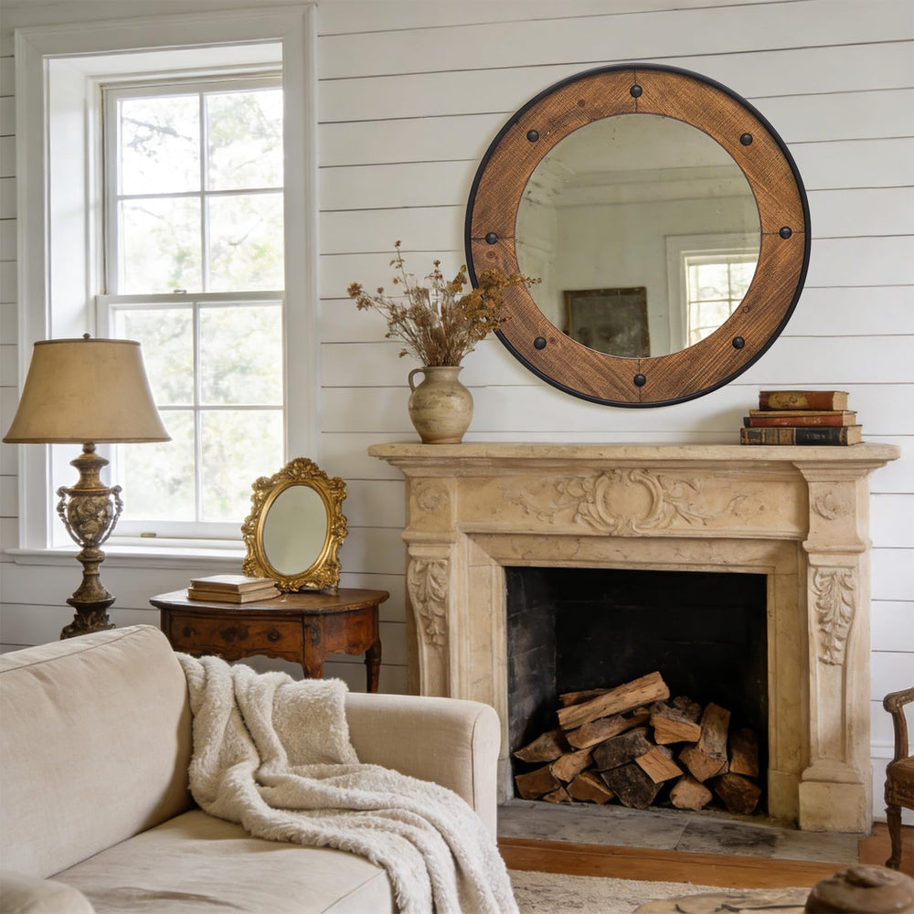 Round Wood Wall Mirror with Black Metal Frame