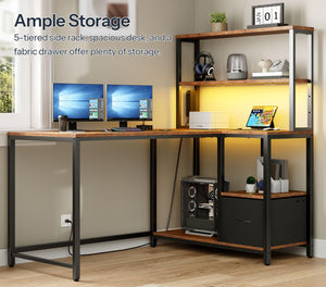 L-Shaped Gaming Desk with LED Light, Power Outlet & Storage Shelves, 46"