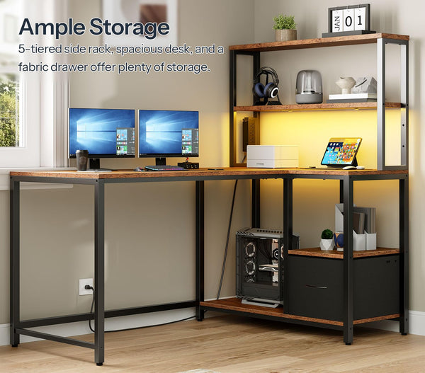 L-Shaped Gaming Desk with LED Light, Power Outlet & Storage Shelves, 46"