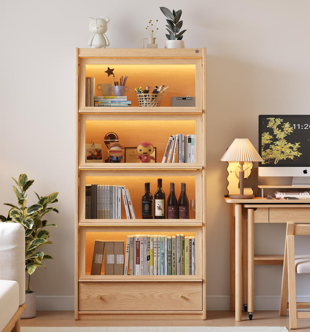Tall Solid Wood Bookcase with Glass Doors and LED Lights