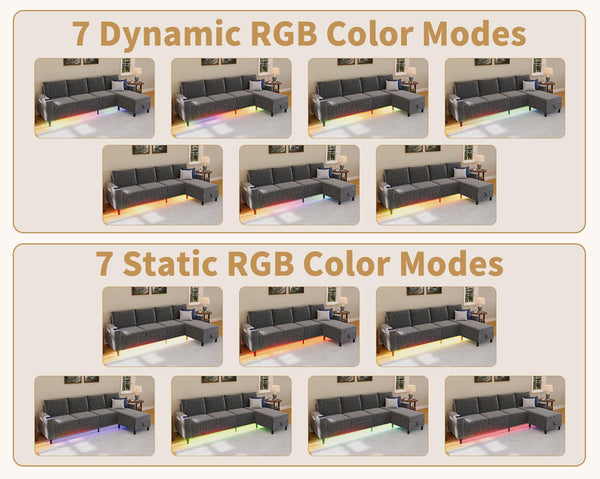 U-Shaped Sectional Sofa with RGB LED Light & USB Charging