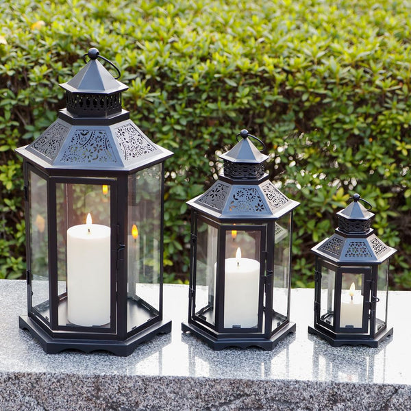 Set of 3 Hexagonal Vintage Metal Candle Lanterns with Tempered Glass