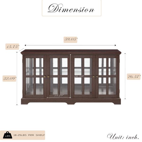 4-Door LED Glass Curio Cabinet with Adjustable Shelves