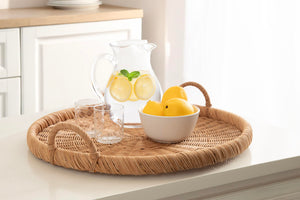 Round Woven Rattan Tray with Handles