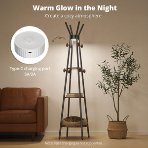 Freestanding Coat Rack with Motion Sensor Light, 3 Shelves & 12 Hooks