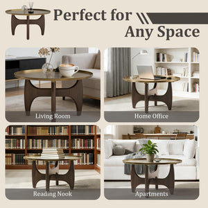 Round Coffee Table with Gold Tray Top & Walnut Base