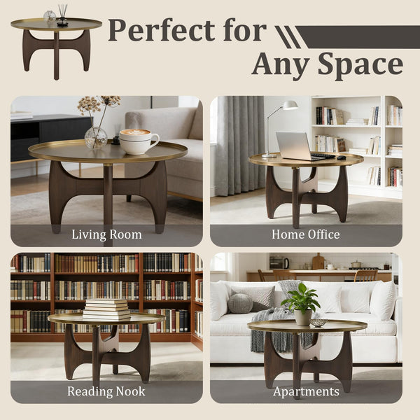 Round Coffee Table with Gold Tray Top & Walnut Base