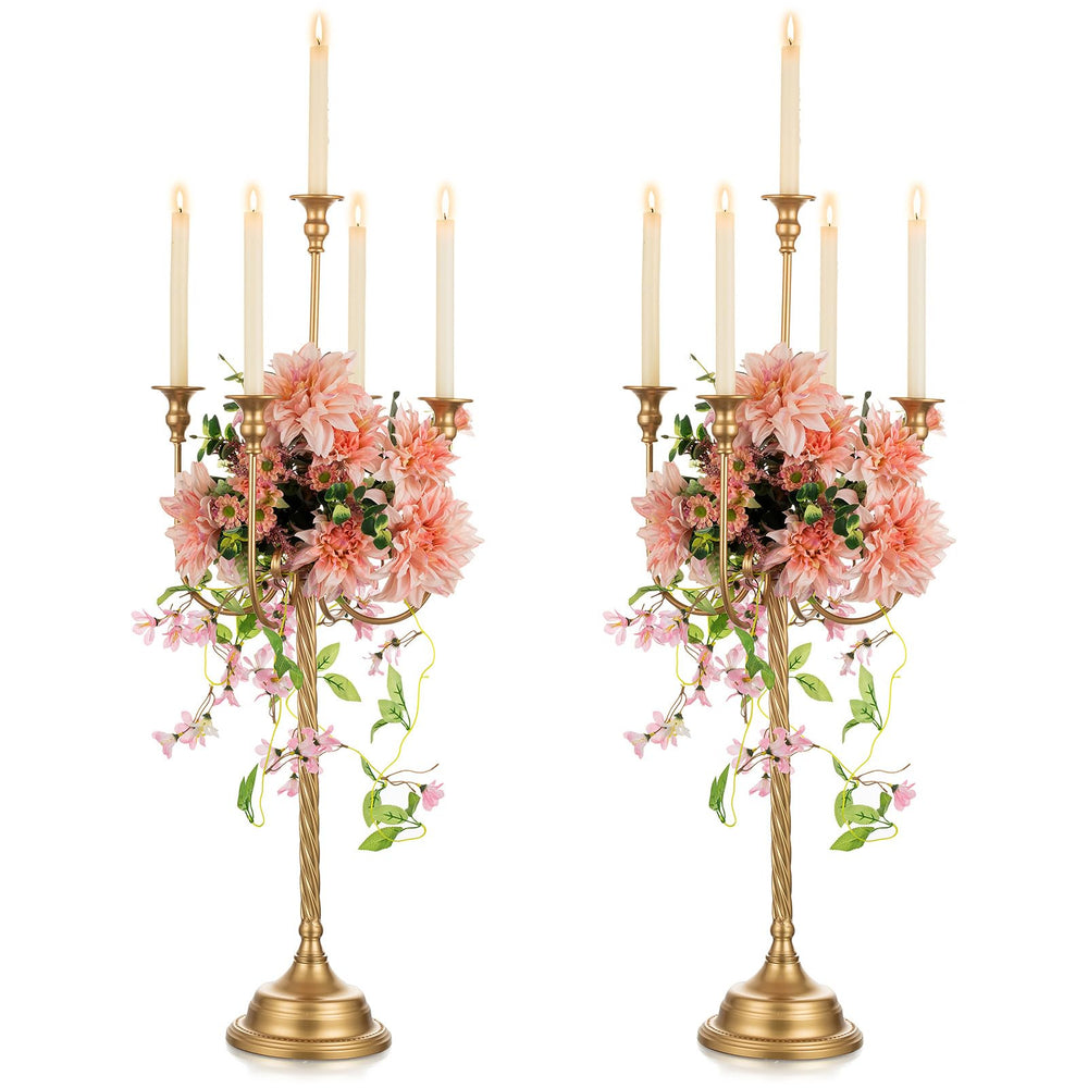 37-Inch Tall 5-Arm Gold Metal Candelabra — Set of 2