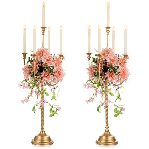 37-Inch Tall 5-Arm Gold Metal Candelabra — Set of 2
