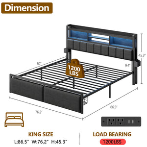 Platform Bed Frame with LED Lights, Storage Drawers & Charging Station