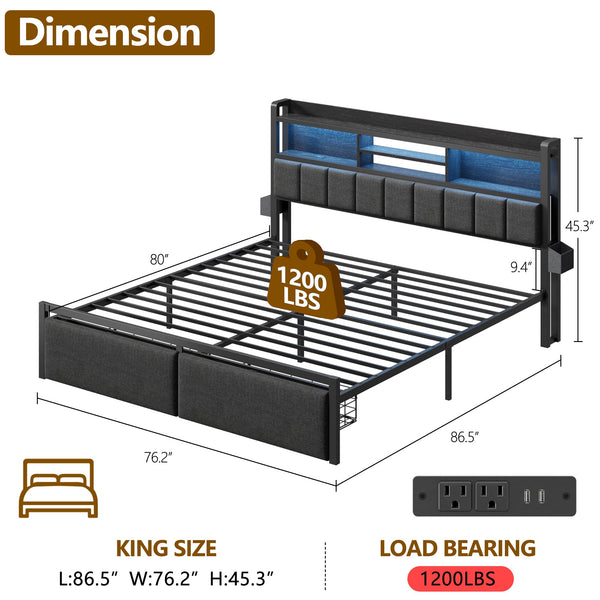 Platform Bed Frame with LED Lights, Storage Drawers & Charging Station