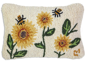 Sunflower Bees Hand-Hooked Wool Throw Pillow 12x18
