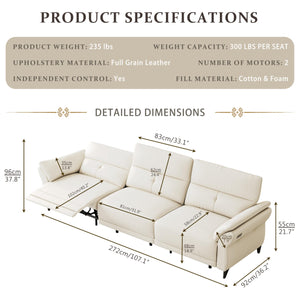 Power Reclining Sofa with Dual Motor & USB Ports – White Full Grain Leather