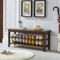 Solid Wood Shoe Storage Bench with 2-Tier Shelf
